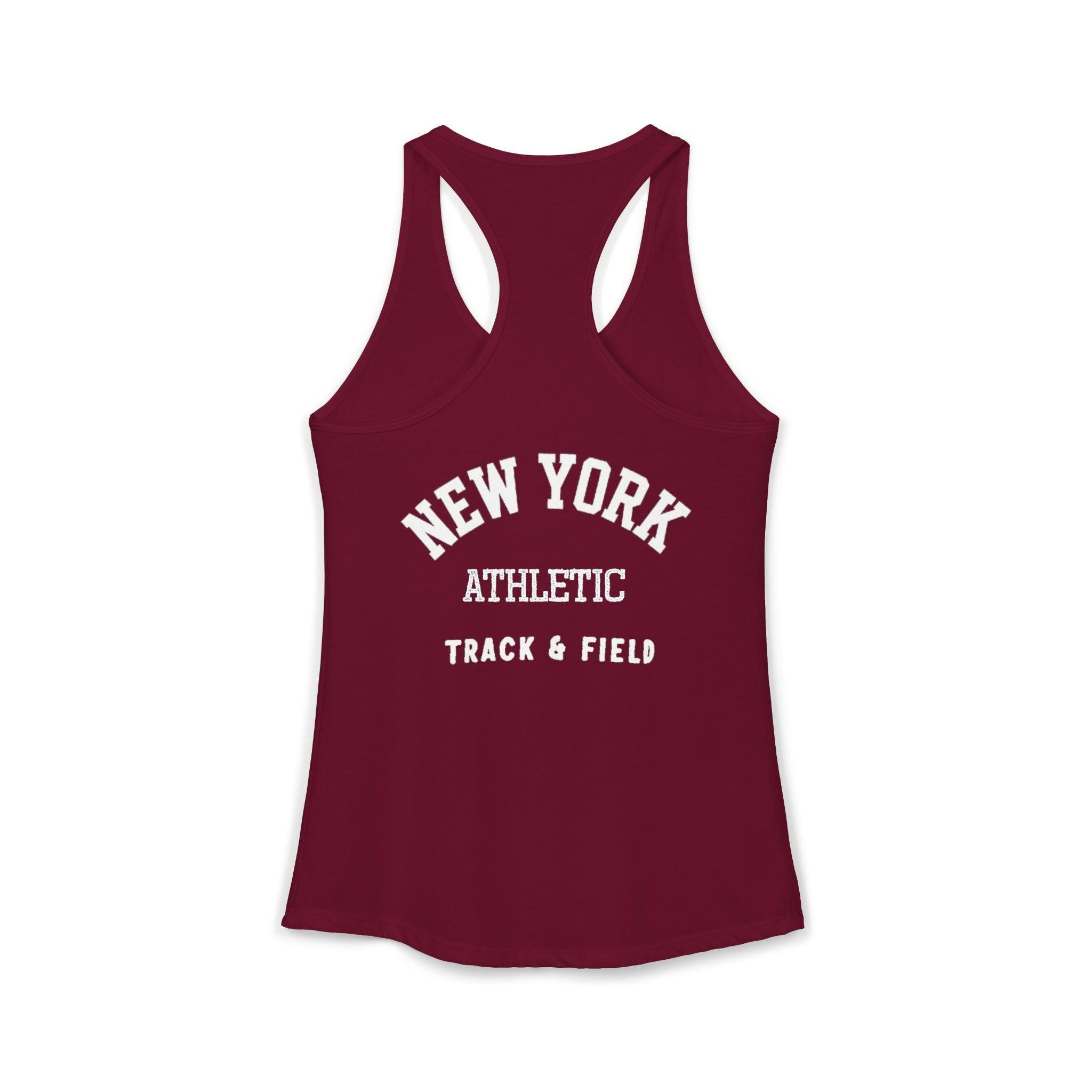 Maroon tank top with 'New York Athletic Track & Field' text on a white background